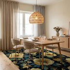 Elegant Golden Poppy Navy Rug Dining Room View