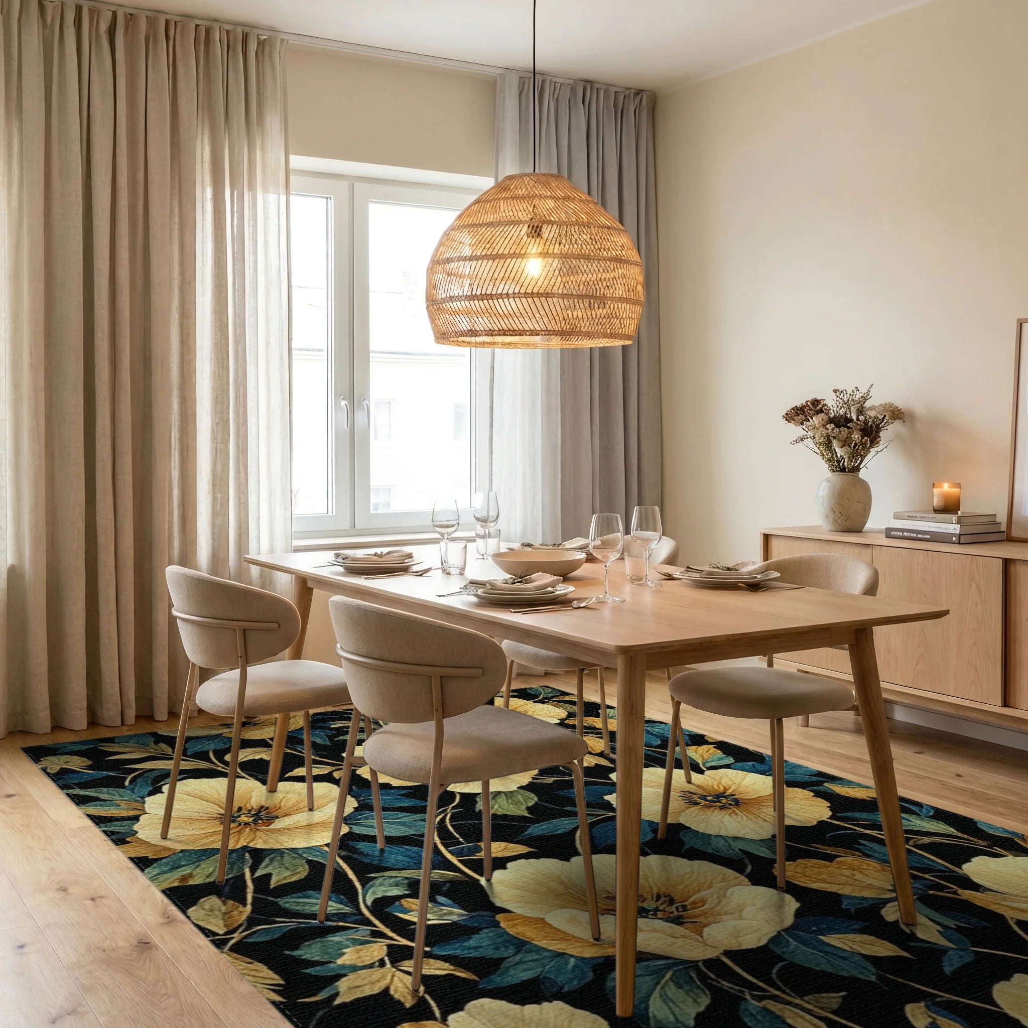 Elegant Golden Poppy Navy Rug Dining Room View