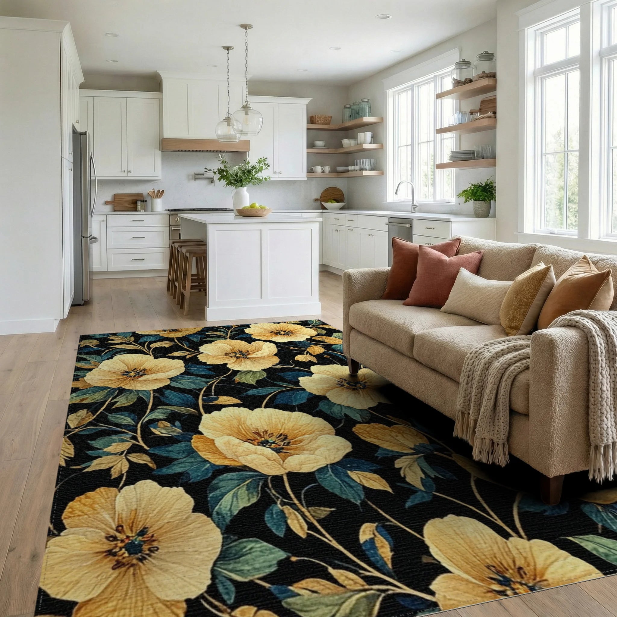 Elegant Golden Poppy Navy Rug Living Room View