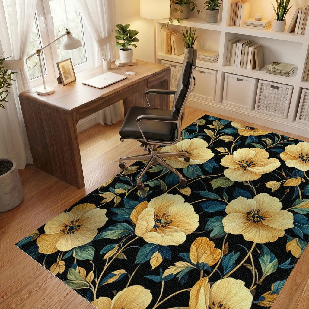 Elegant Golden Poppy Navy Rug Office View