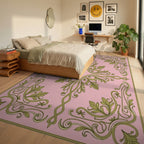 Elegant Green Leaf Scrollwork Pattern Rug - Bedroom View
