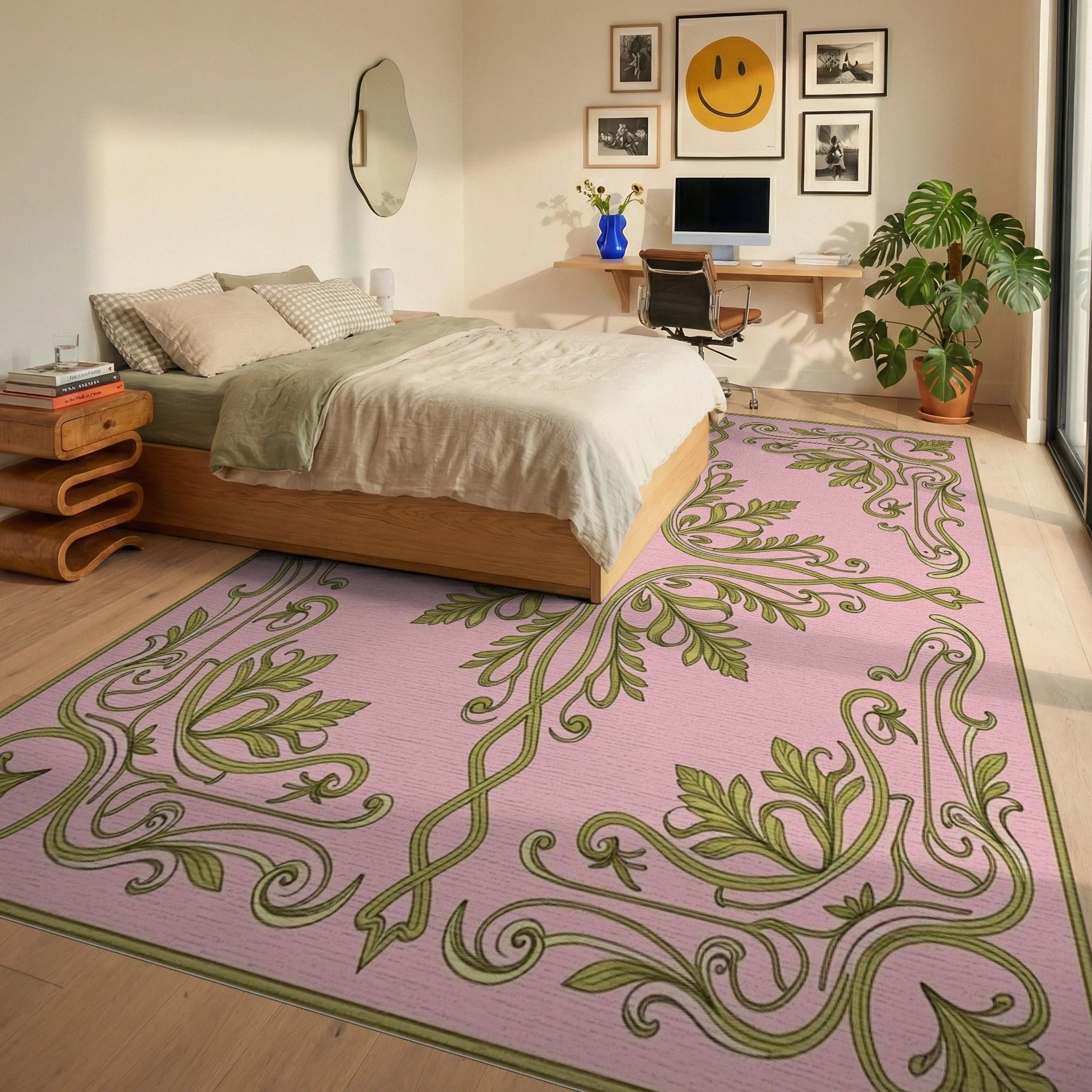 Elegant Green Leaf Scrollwork Pattern Rug - Bedroom View