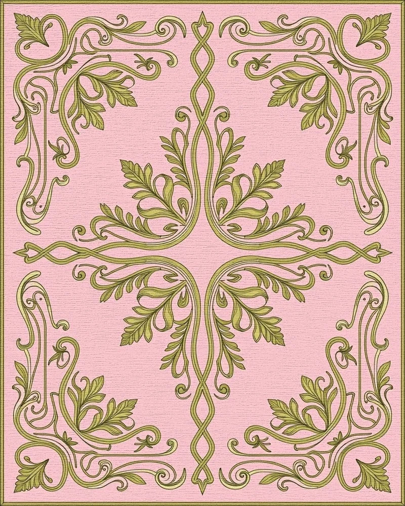Elegant Green Leaf Scrollwork Pattern Rug - Cutout View
