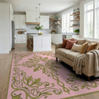 Elegant Green Leaf Scrollwork Pattern Rug - Living Room View