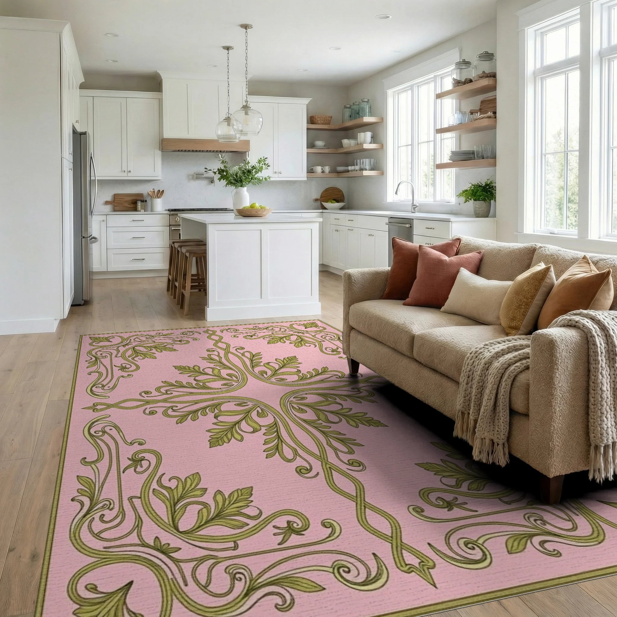 Elegant Green Leaf Scrollwork Pattern Rug - Living Room View