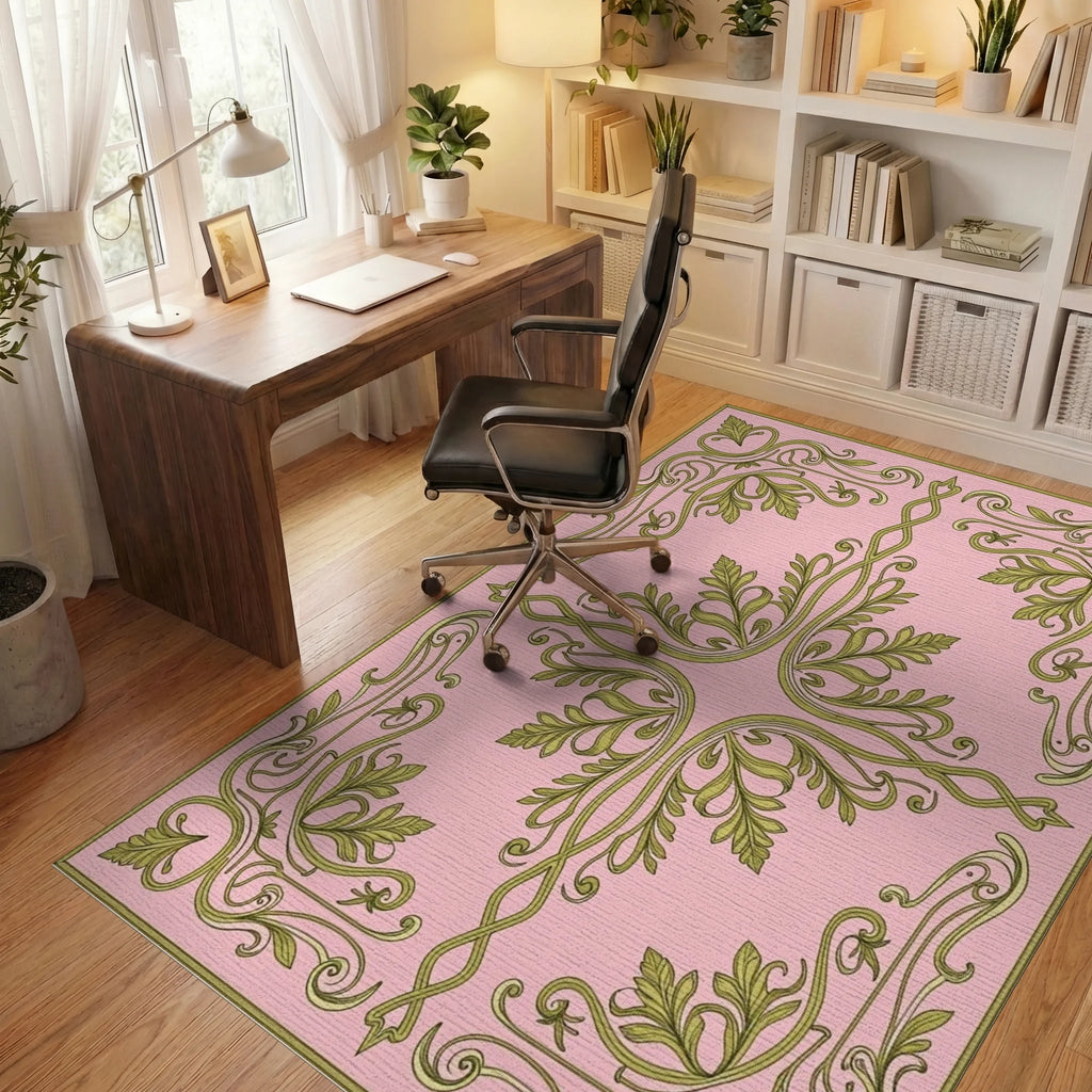 Elegant Green Leaf Scrollwork Pattern Rug - Office View