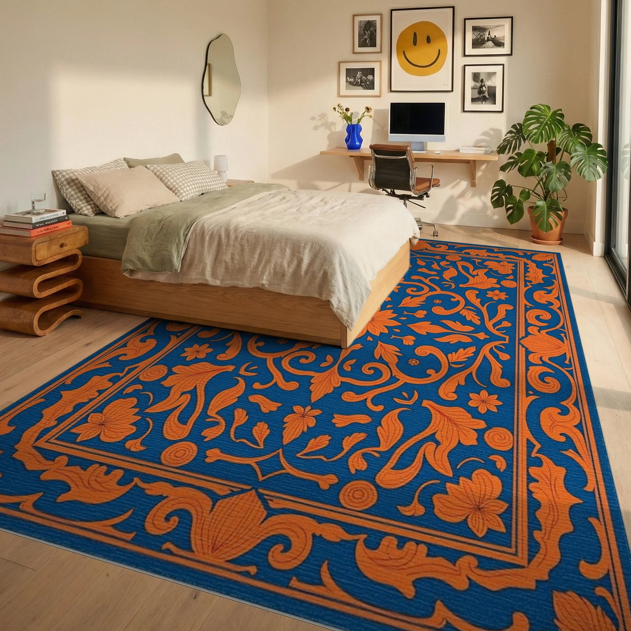 Elegant Orange Floral Damask Design Rug Bedroom View