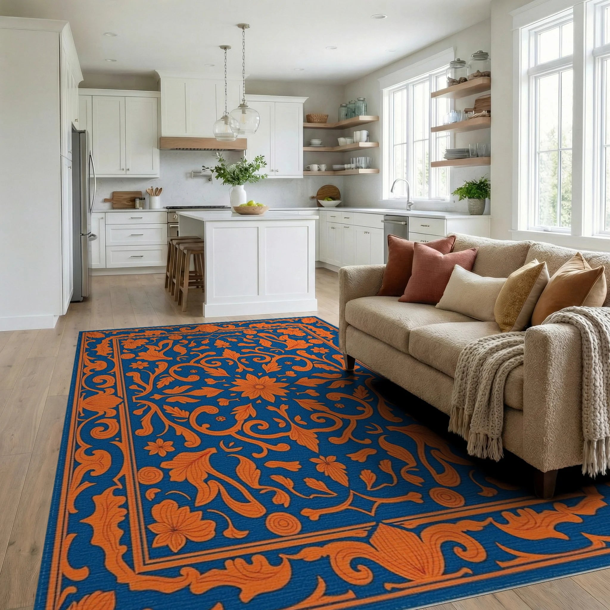 Elegant Orange Floral Damask Design Rug Living Room View