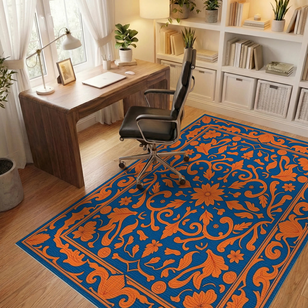 Elegant Orange Floral Damask Design Rug Office View