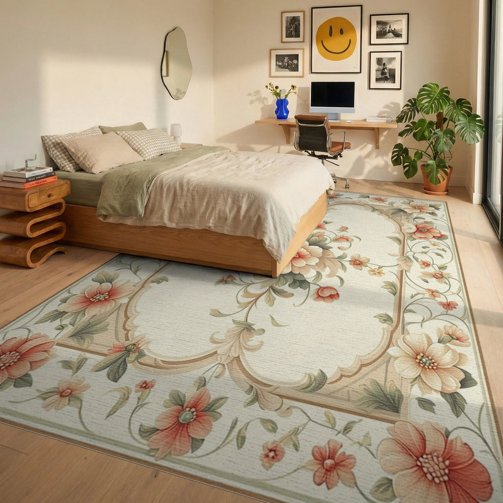 Elegant Ornate Floral Frame Rug - Bedroom View