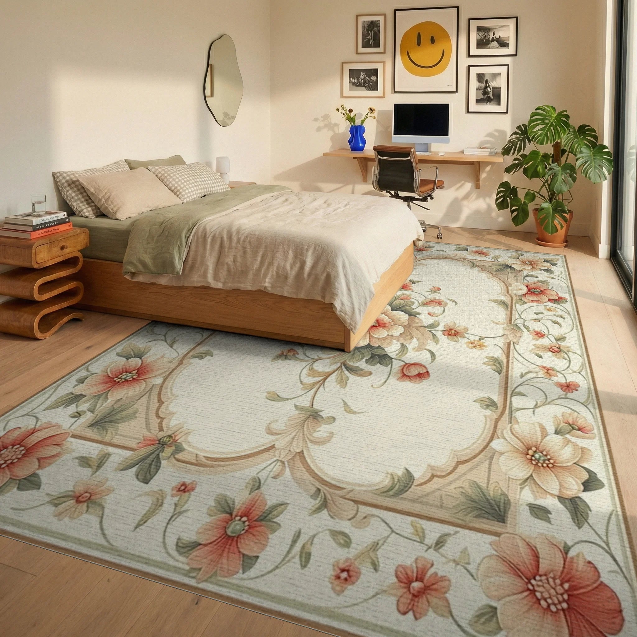 Elegant Ornate Floral Frame Rug - Bedroom View