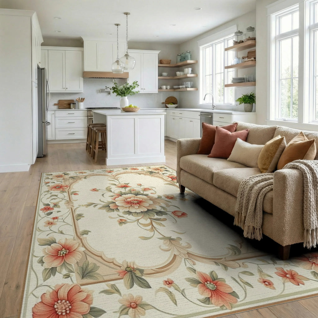Elegant Ornate Floral Frame Rug - Living Room View