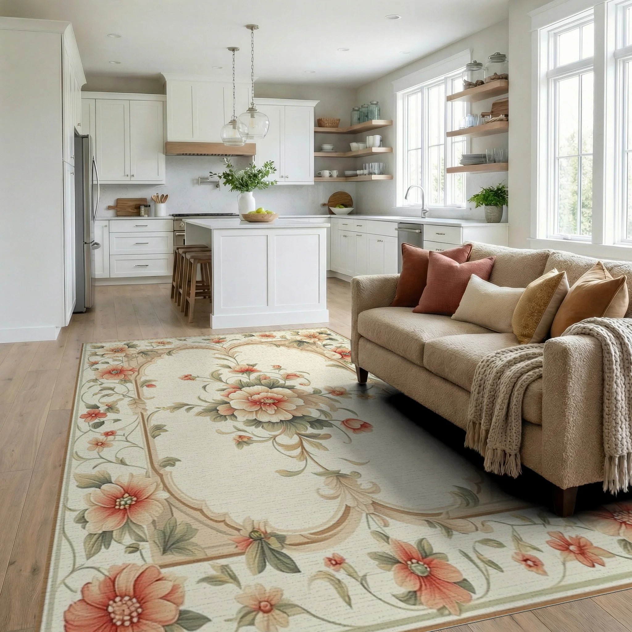 Elegant Ornate Floral Frame Rug - Living Room View