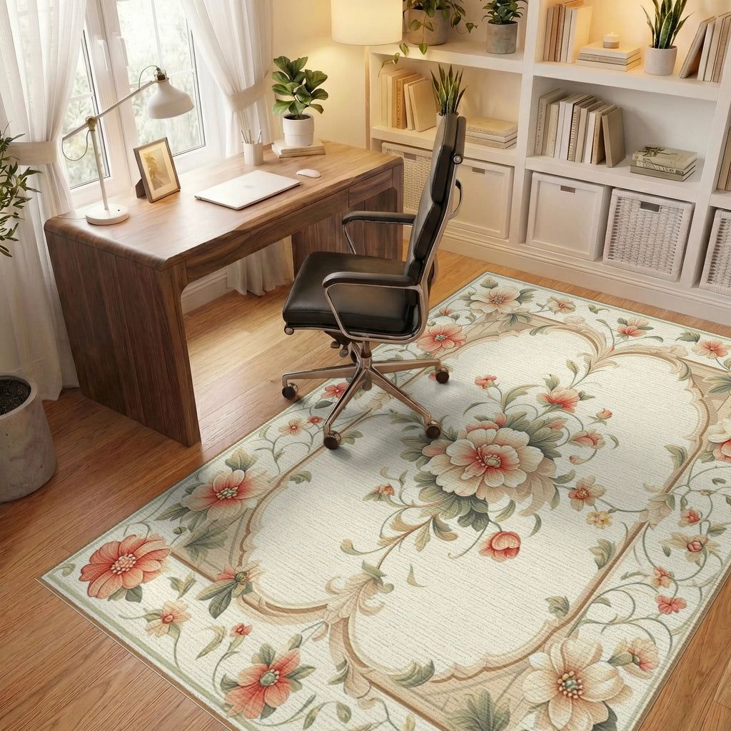 Elegant Ornate Floral Frame Rug - Office View