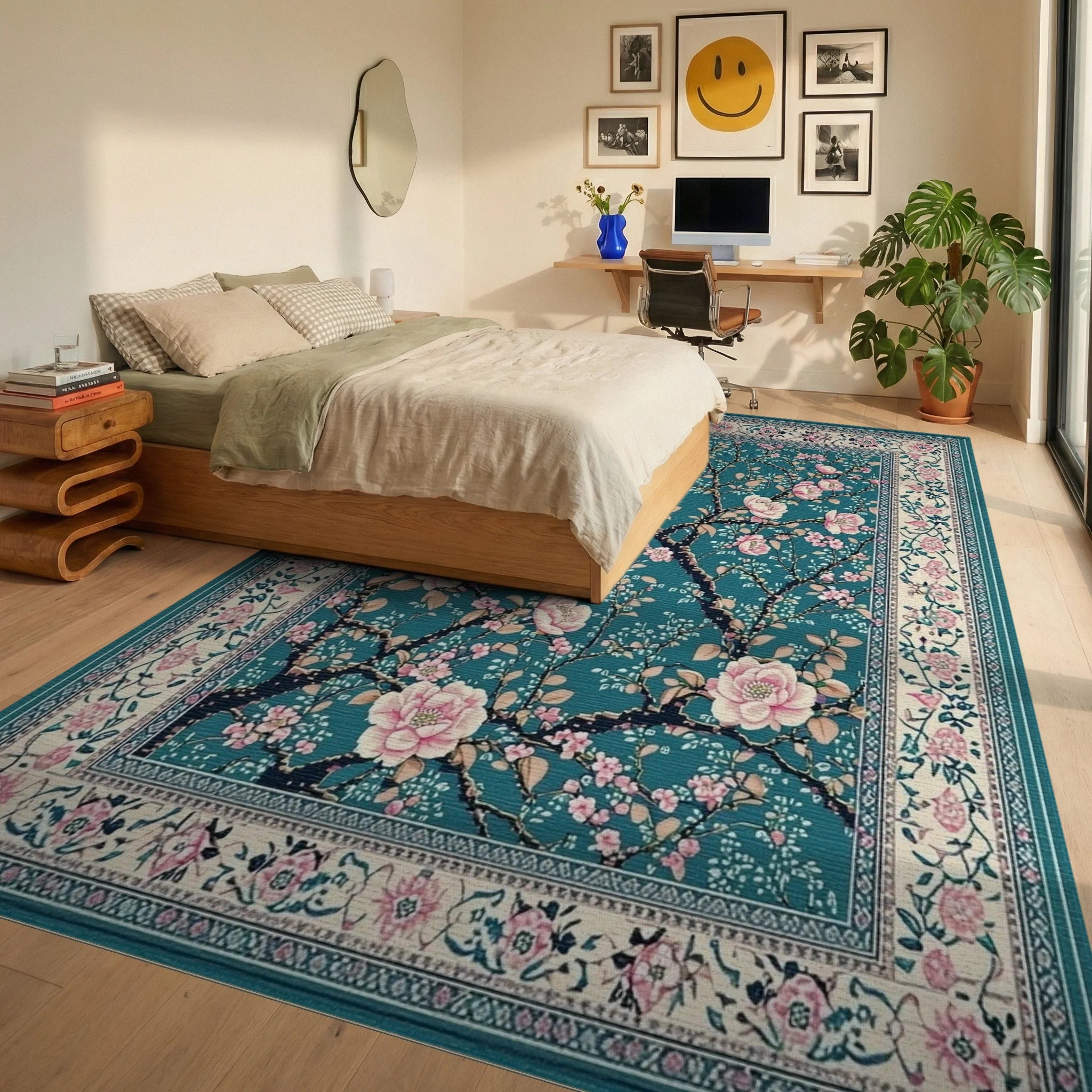 Elegant Pink Blossom Branch Artwork Rug - Bedroom View