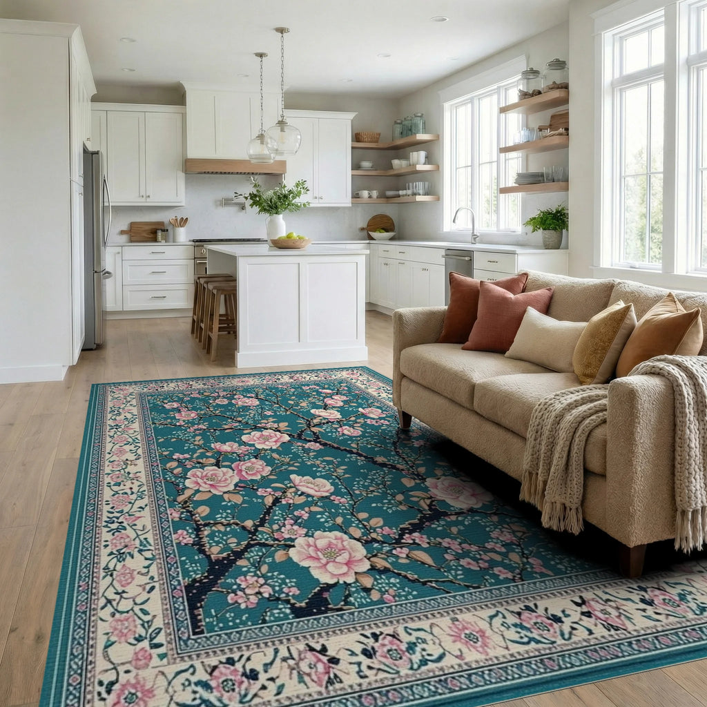 Elegant Pink Blossom Branch Artwork Rug - Living Room View