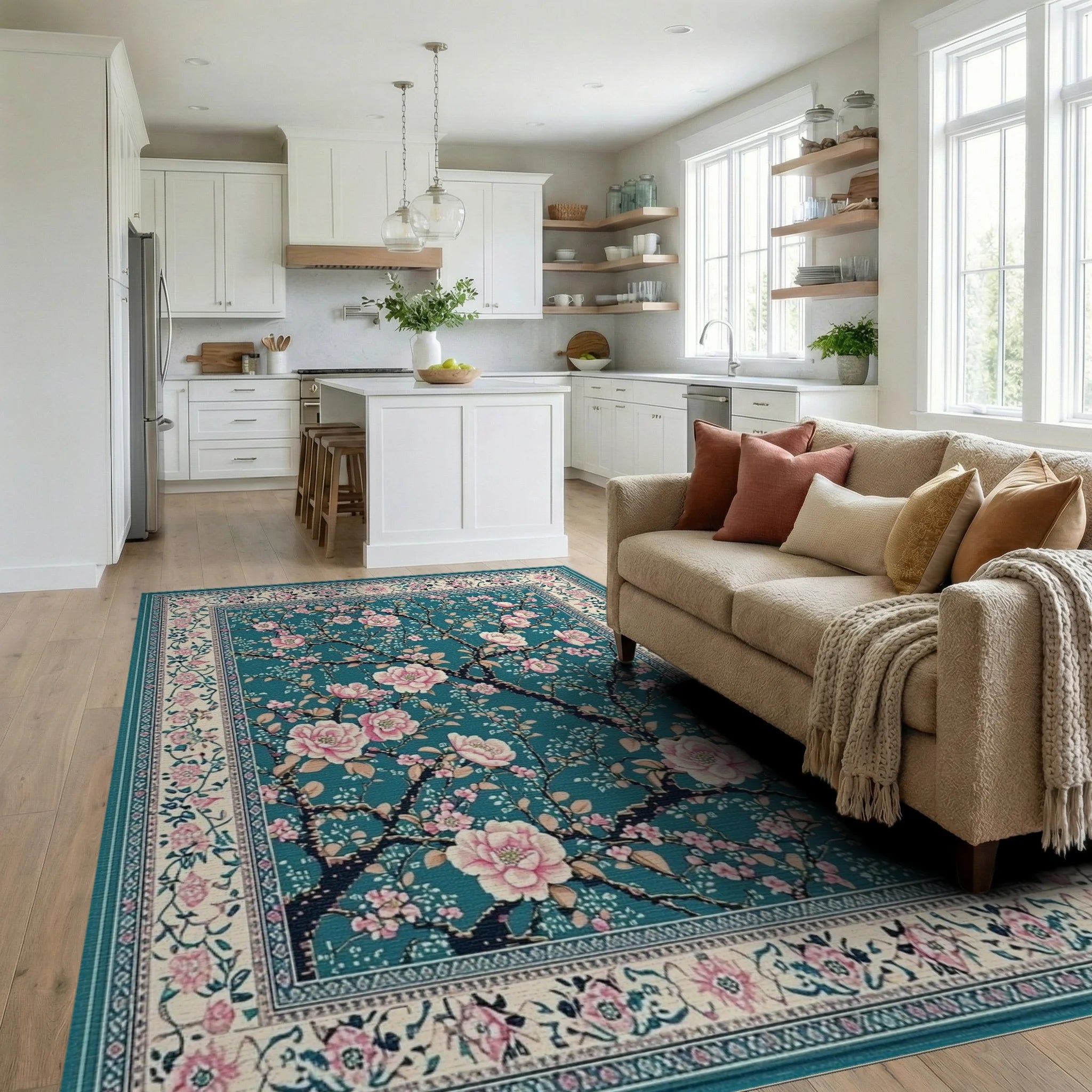 Elegant Pink Blossom Branch Artwork Rug - Living Room View
