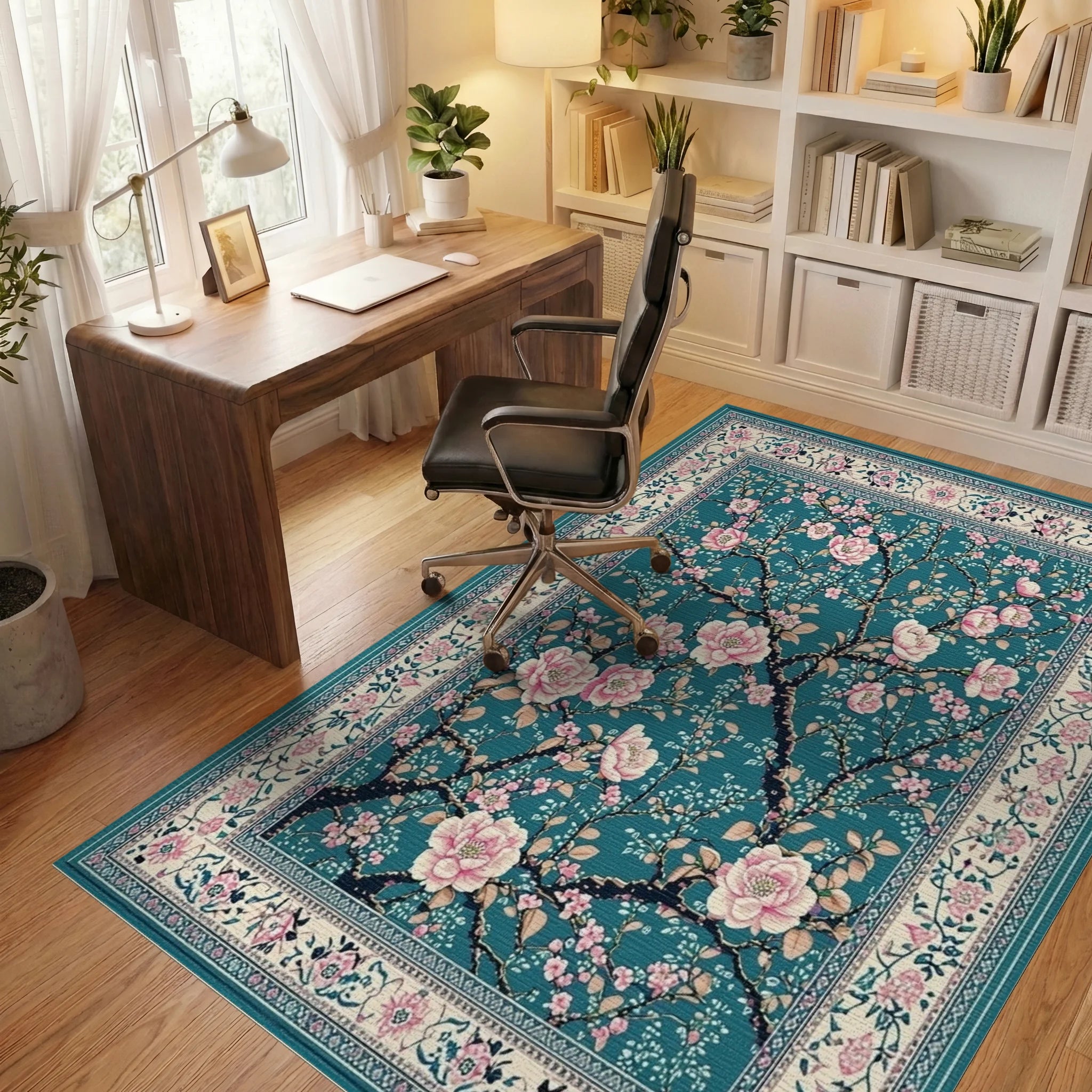 Elegant Pink Blossom Branch Artwork Rug - Office View