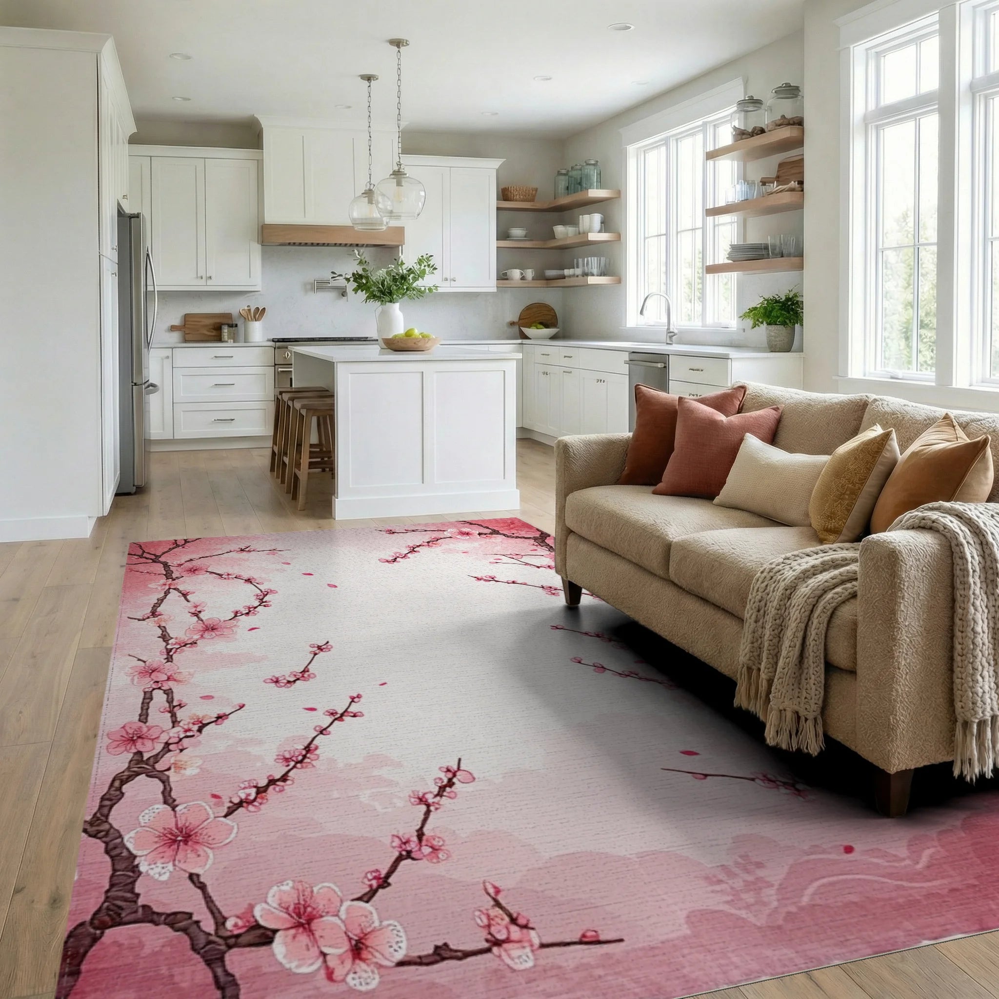 Elegant Pink Cherry Blossom Branches Rug - Living Room View