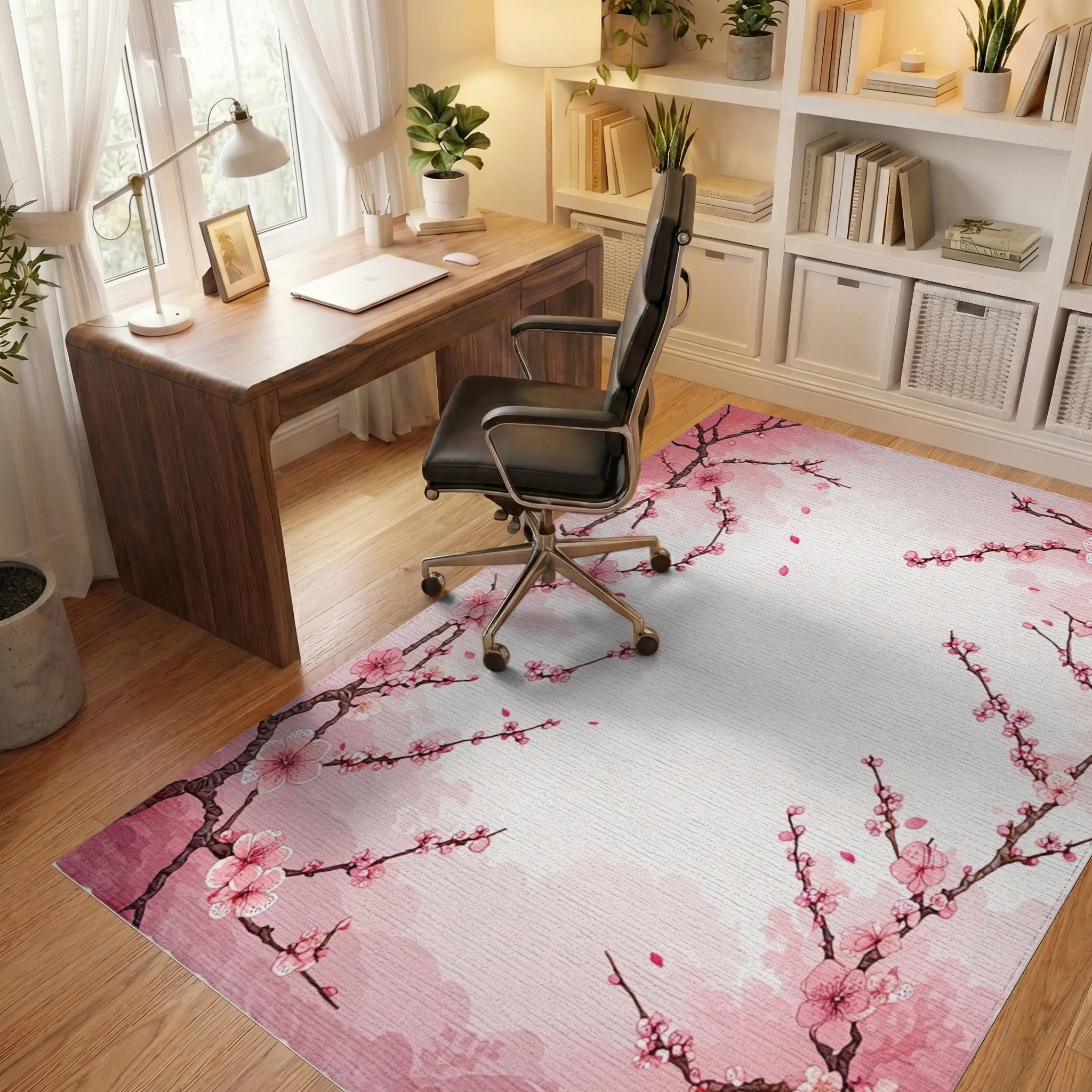 Elegant Pink Cherry Blossom Branches Rug - Office View