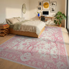 Elegant Pink Rose Birds Rug - Bedroom View