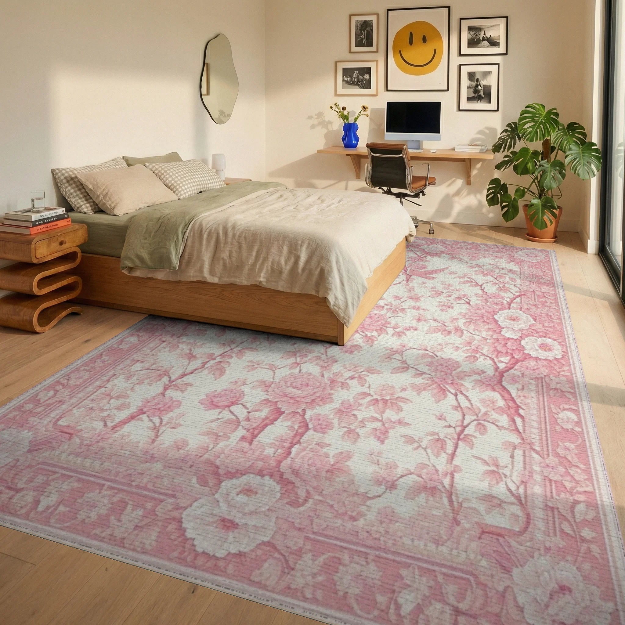 Elegant Pink Rose Birds Rug - Bedroom View