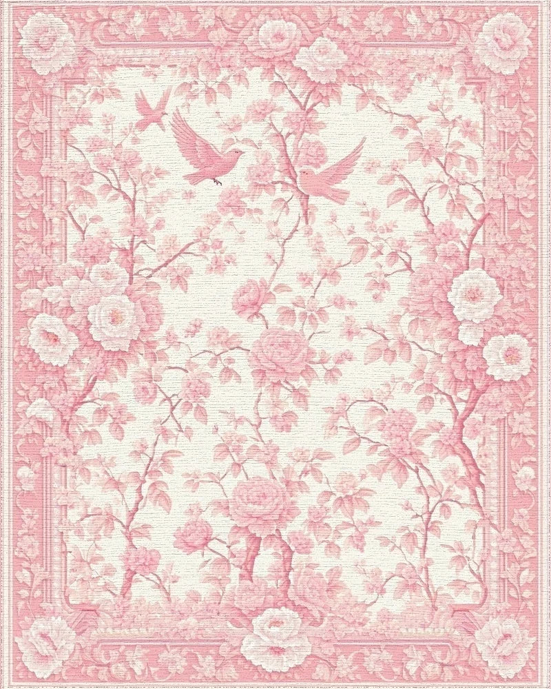 Elegant Pink Rose Birds Rug - Cutout View