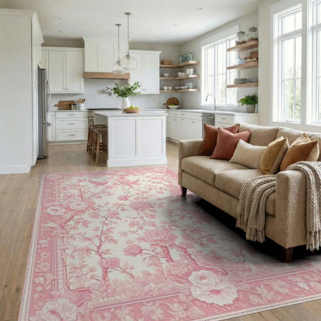 Elegant Pink Rose Birds Rug - Living Room View