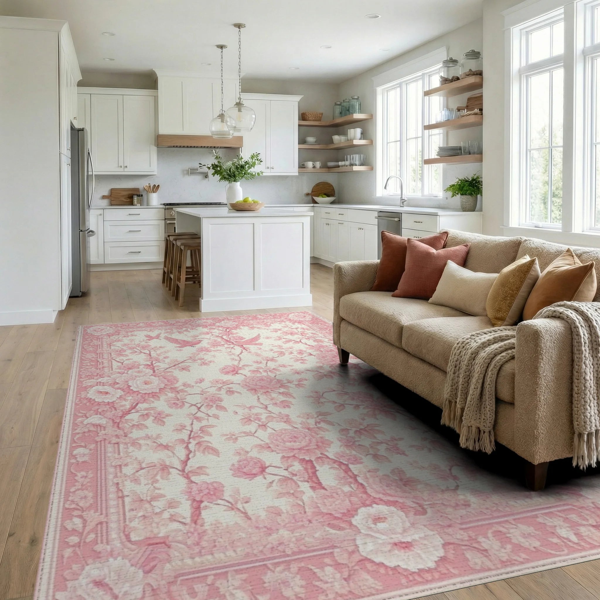 Elegant Pink Rose Birds Rug - Living Room View