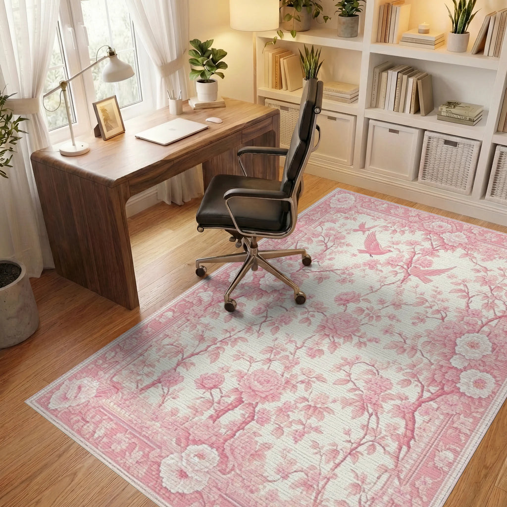 Elegant Pink Rose Birds Rug - Office View