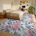 Elegant Pink Rose Floral Pattern Rug Bedroom View
