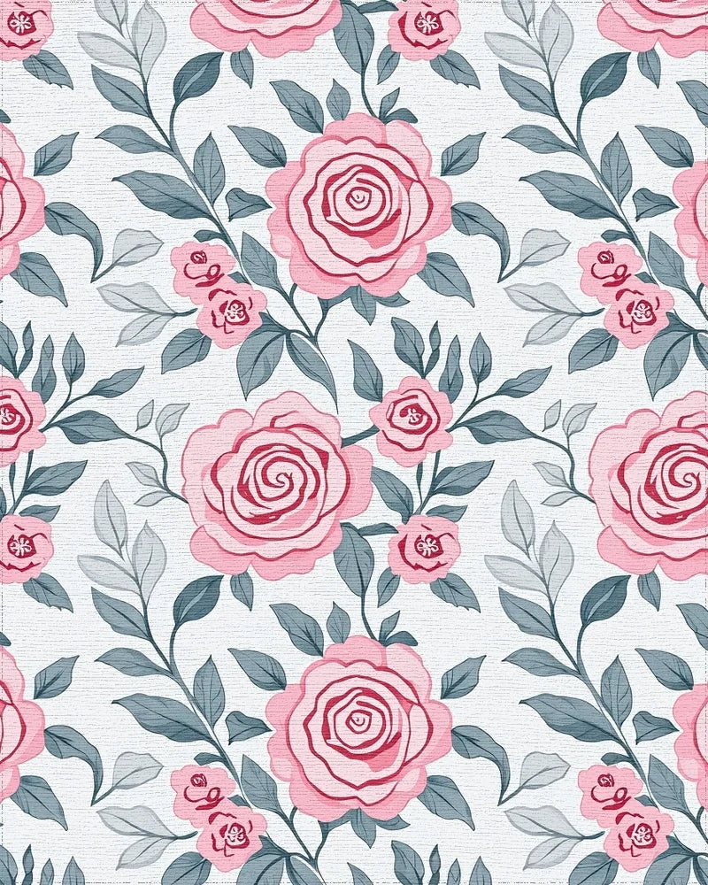 Elegant Pink Rose Floral Pattern Rug - Cutout View