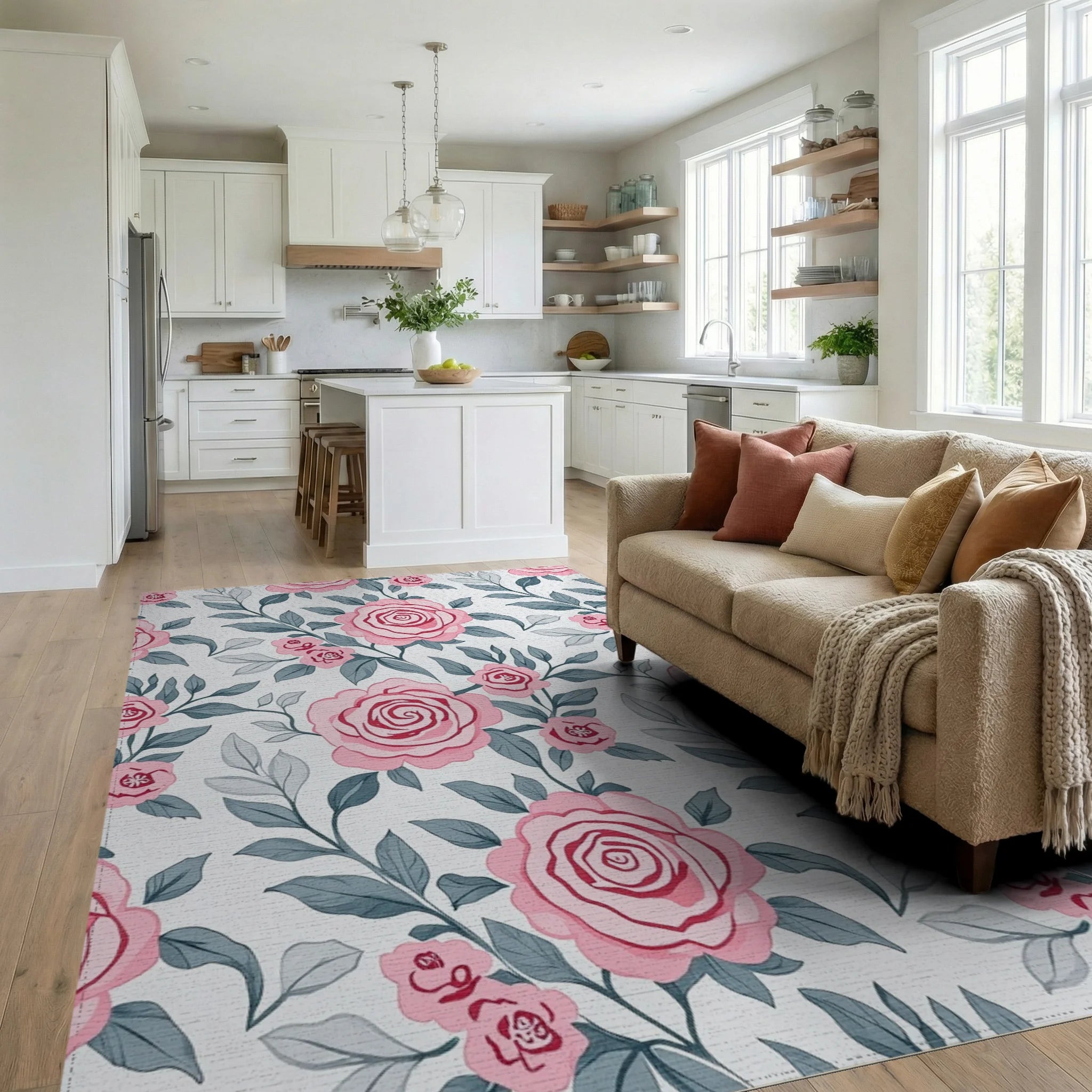 Elegant Pink Rose Floral Pattern Rug Living Room View
