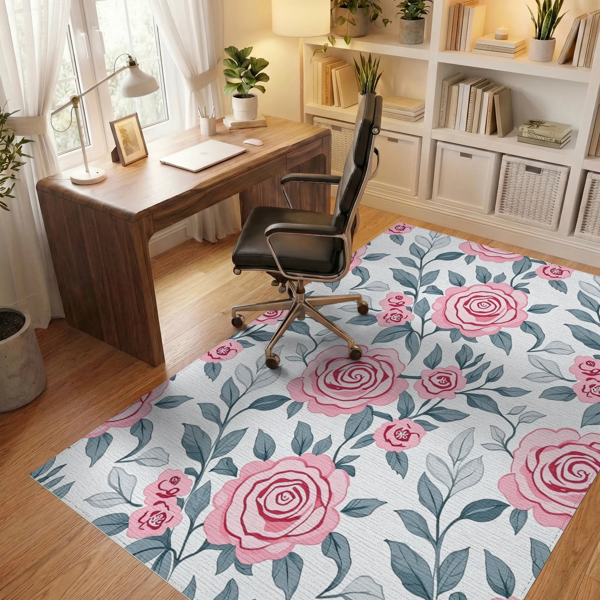 Elegant Pink Rose Floral Pattern Rug Office View