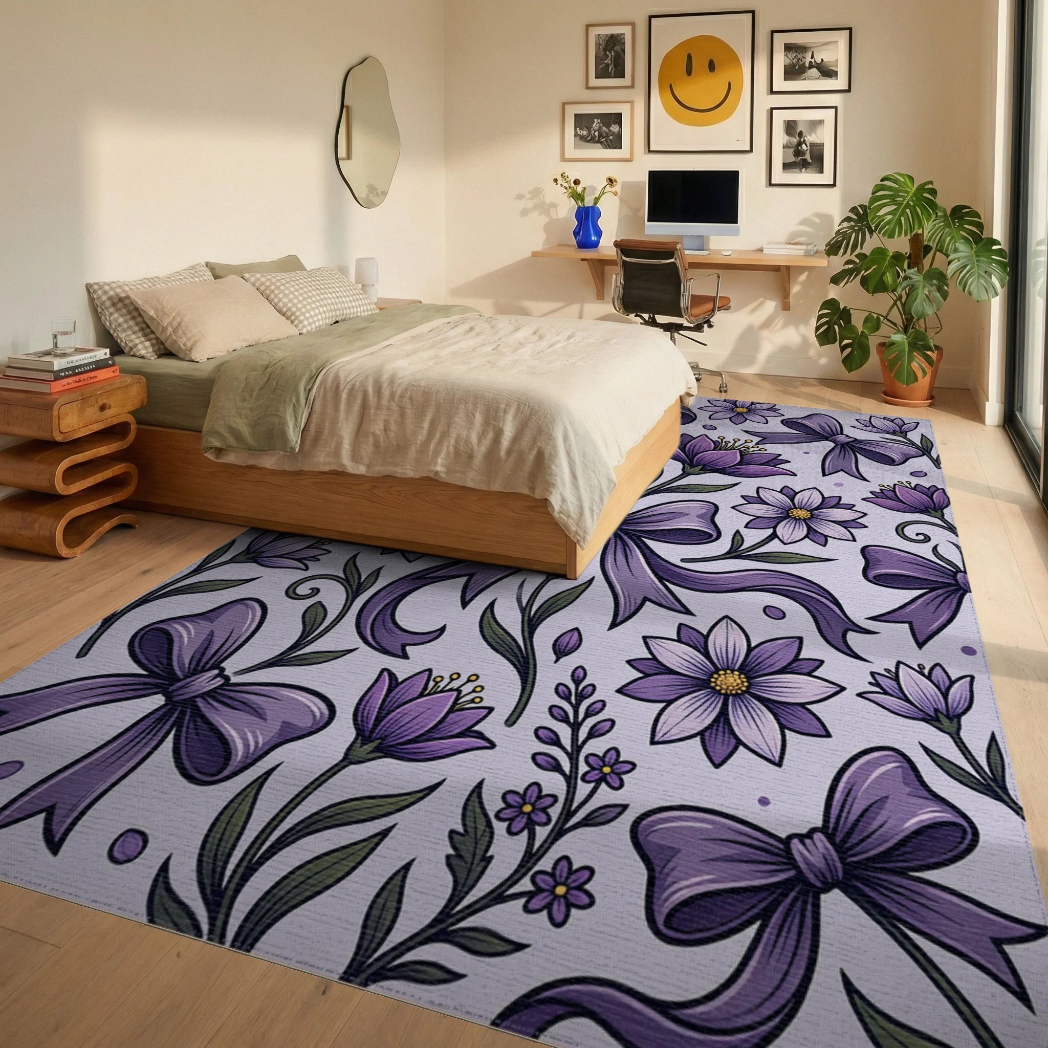 Elegant Purple Floral Ribbon Illustration Rug Bedroom View