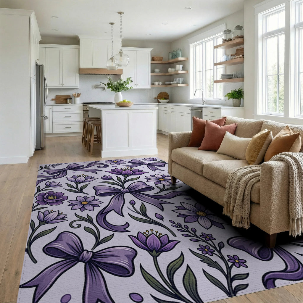 Elegant Purple Floral Ribbon Illustration Rug Living Room View