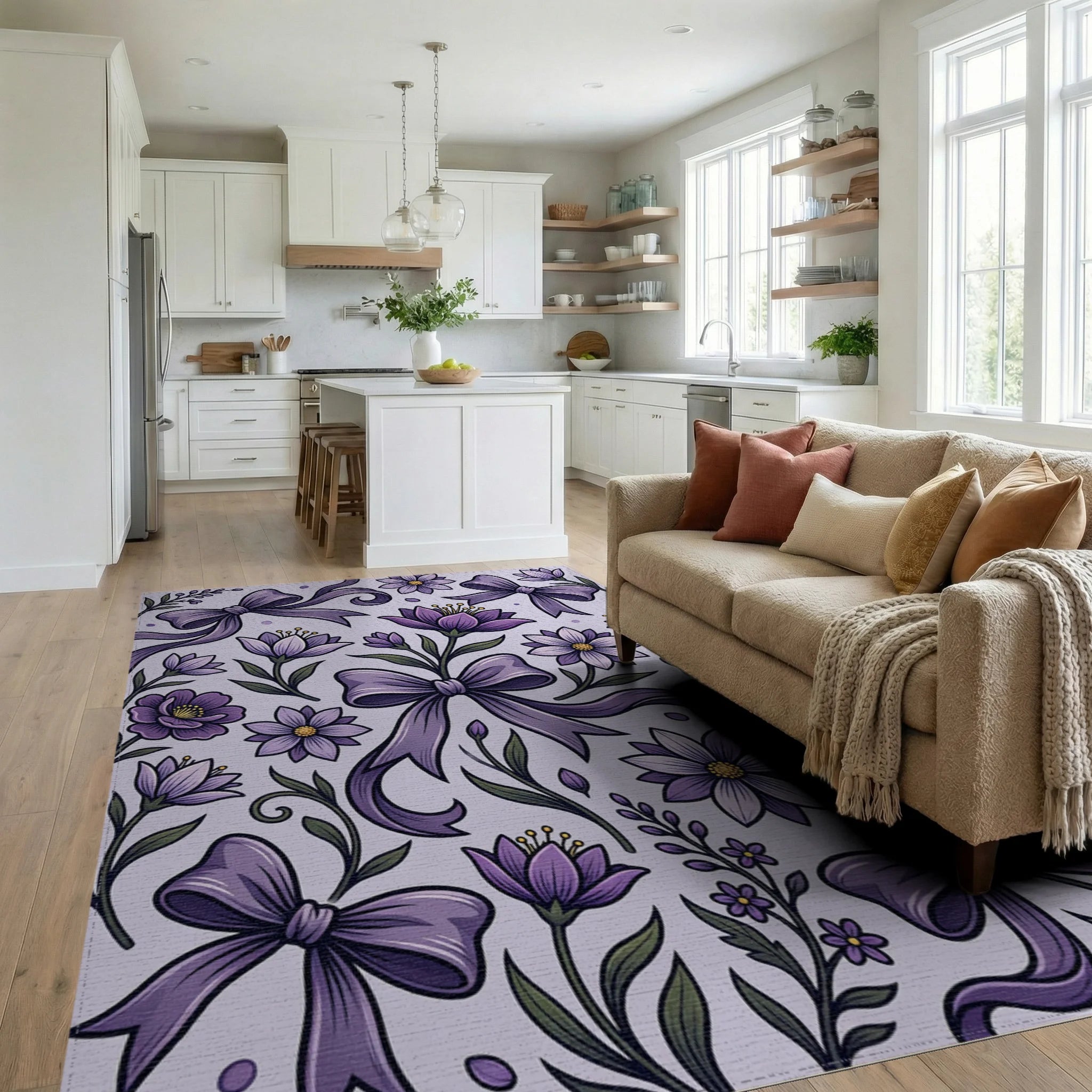 Elegant Purple Floral Ribbon Illustration Rug Living Room View