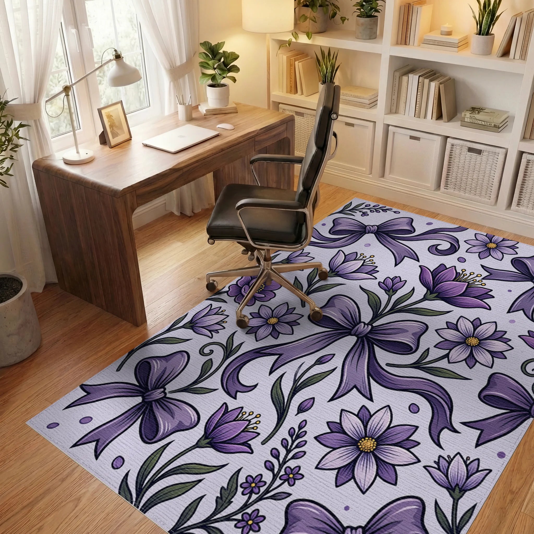 Elegant Purple Floral Ribbon Illustration Rug Office View