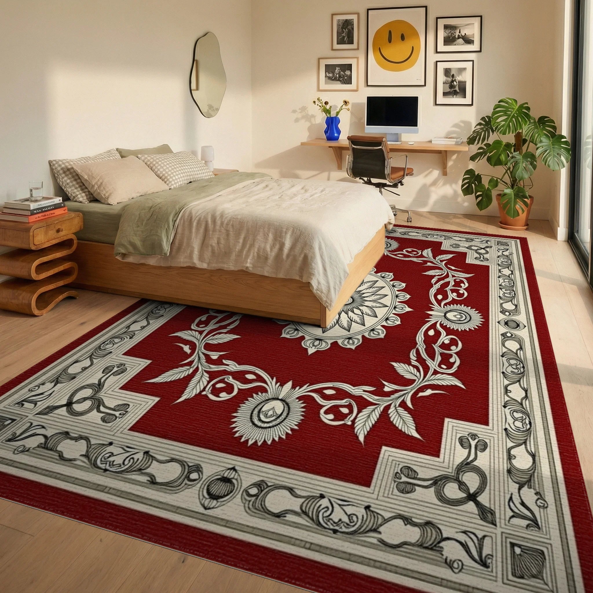 Elegant Red Floral Mandala Pattern Rug - Bedroom View