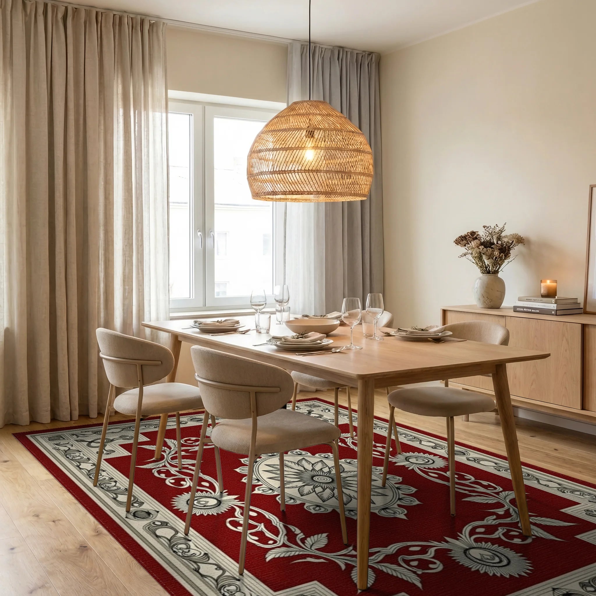 Elegant Red Floral Mandala Pattern Rug - Dining Room View