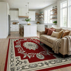 Elegant Red Floral Mandala Pattern Rug - Living Room View