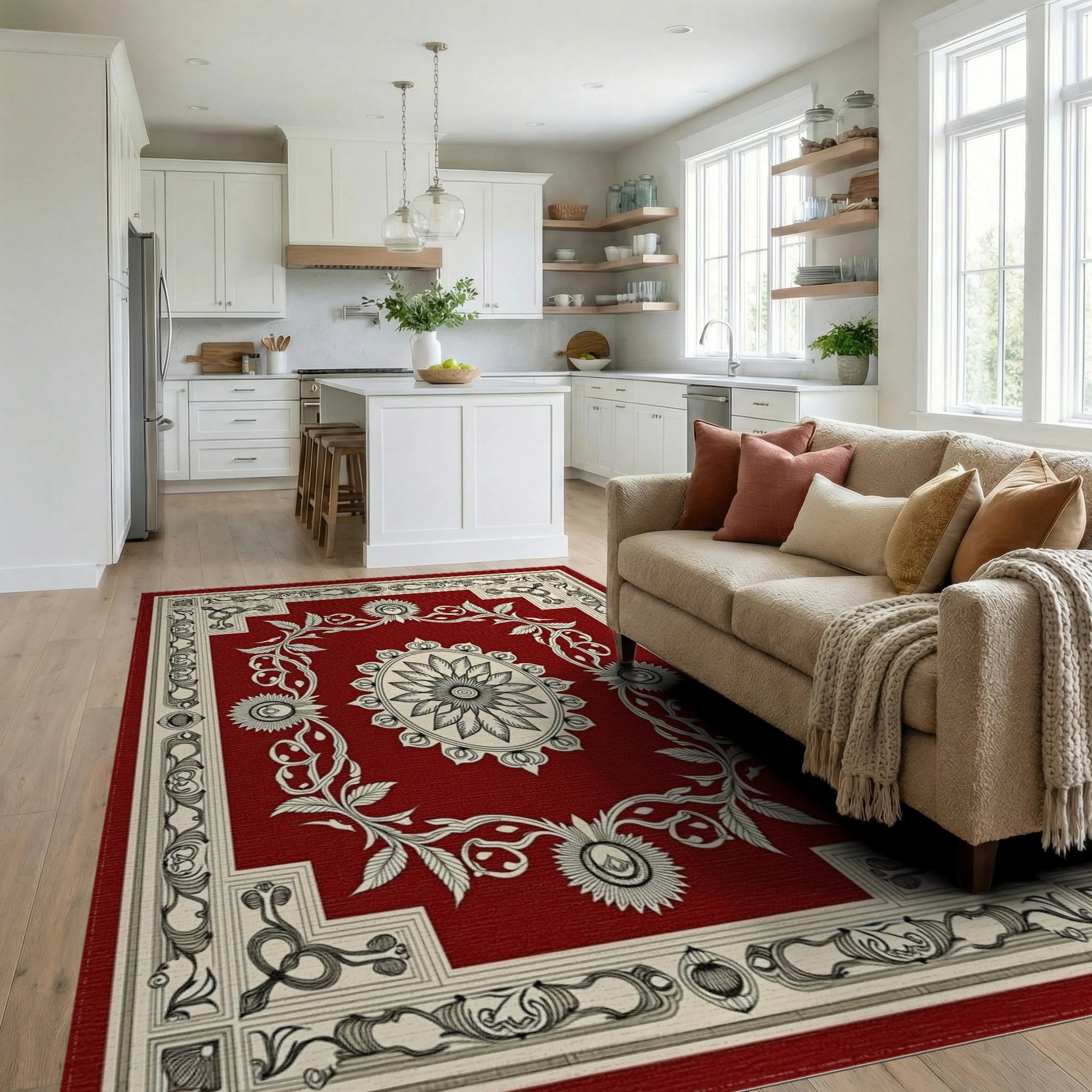 Elegant Red Floral Mandala Pattern Rug - Living Room View