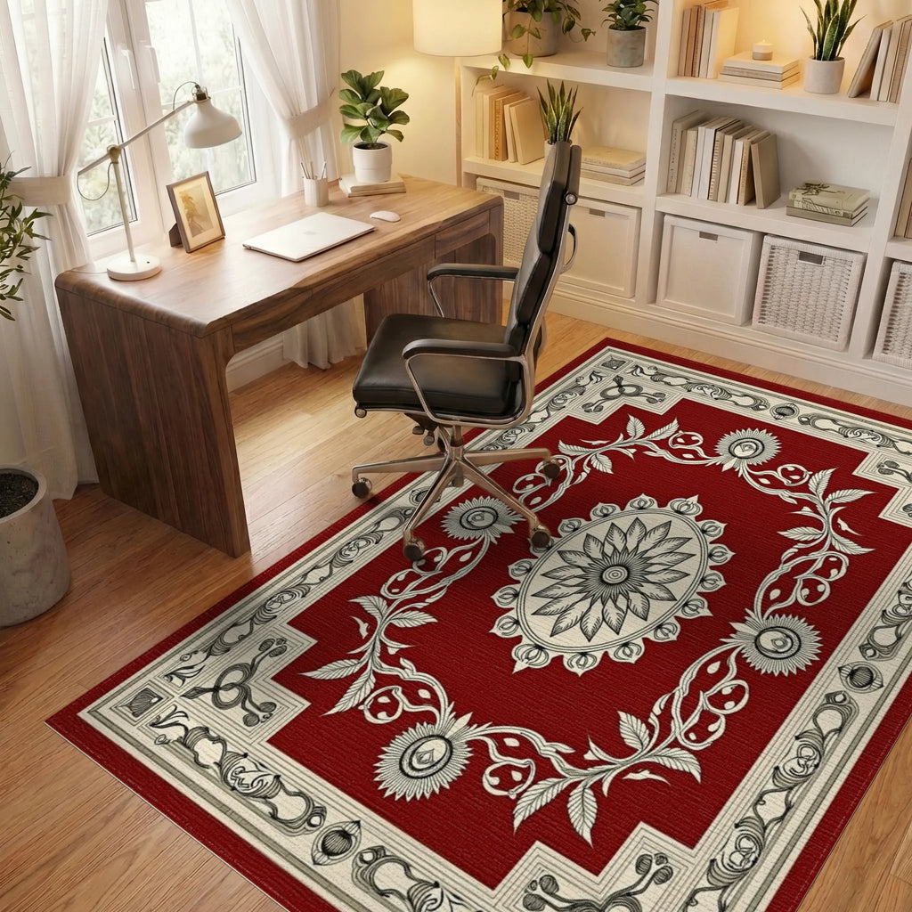 Elegant Red Floral Mandala Pattern Rug - Office View