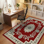 Elegant Red Floral Mandala Pattern Rug - Office View