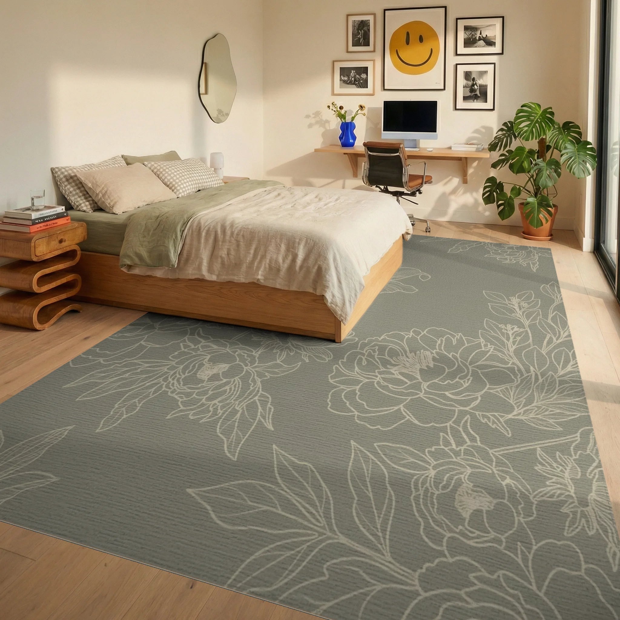 Elegant Sage and Ivory Floral Illustration Rug Bedroom View