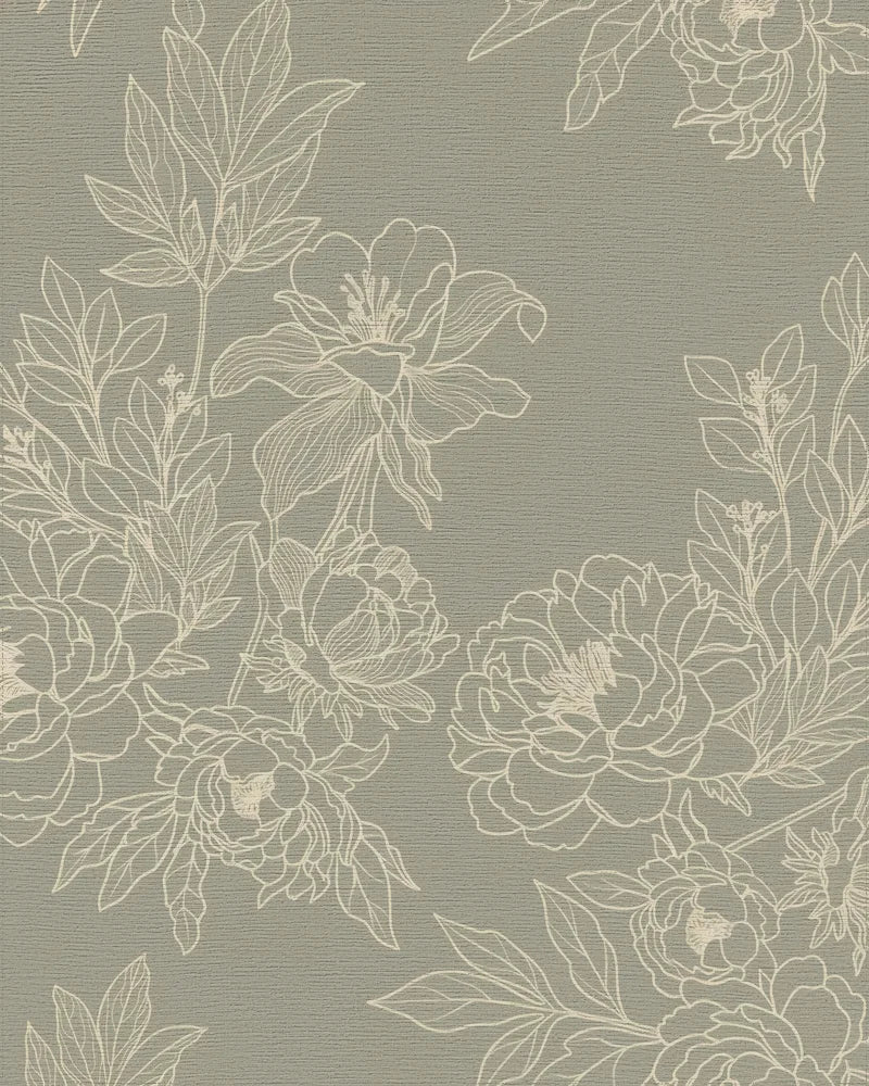 Elegant Sage and Ivory Floral Illustration Rug - Cutout View