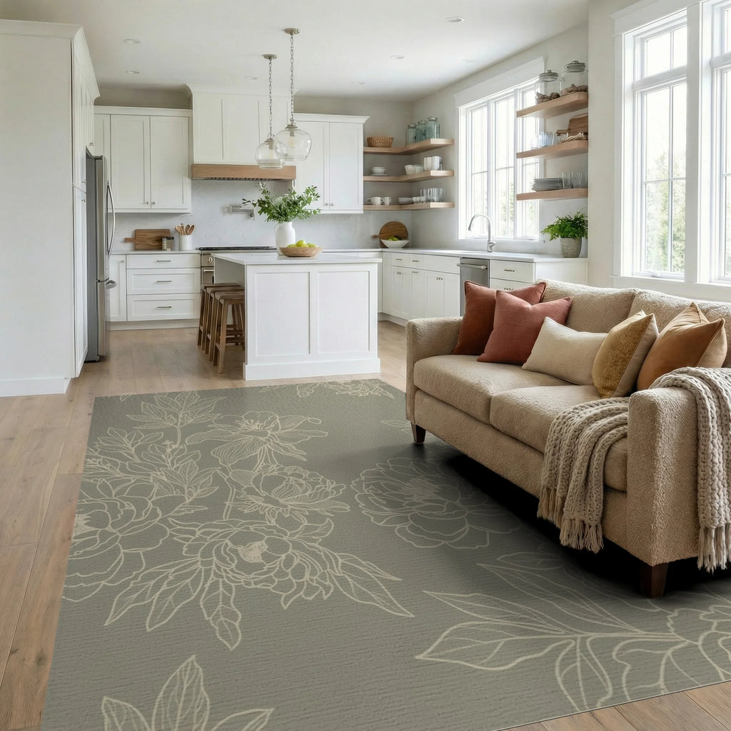 Elegant Sage and Ivory Floral Illustration Rug Living Room View