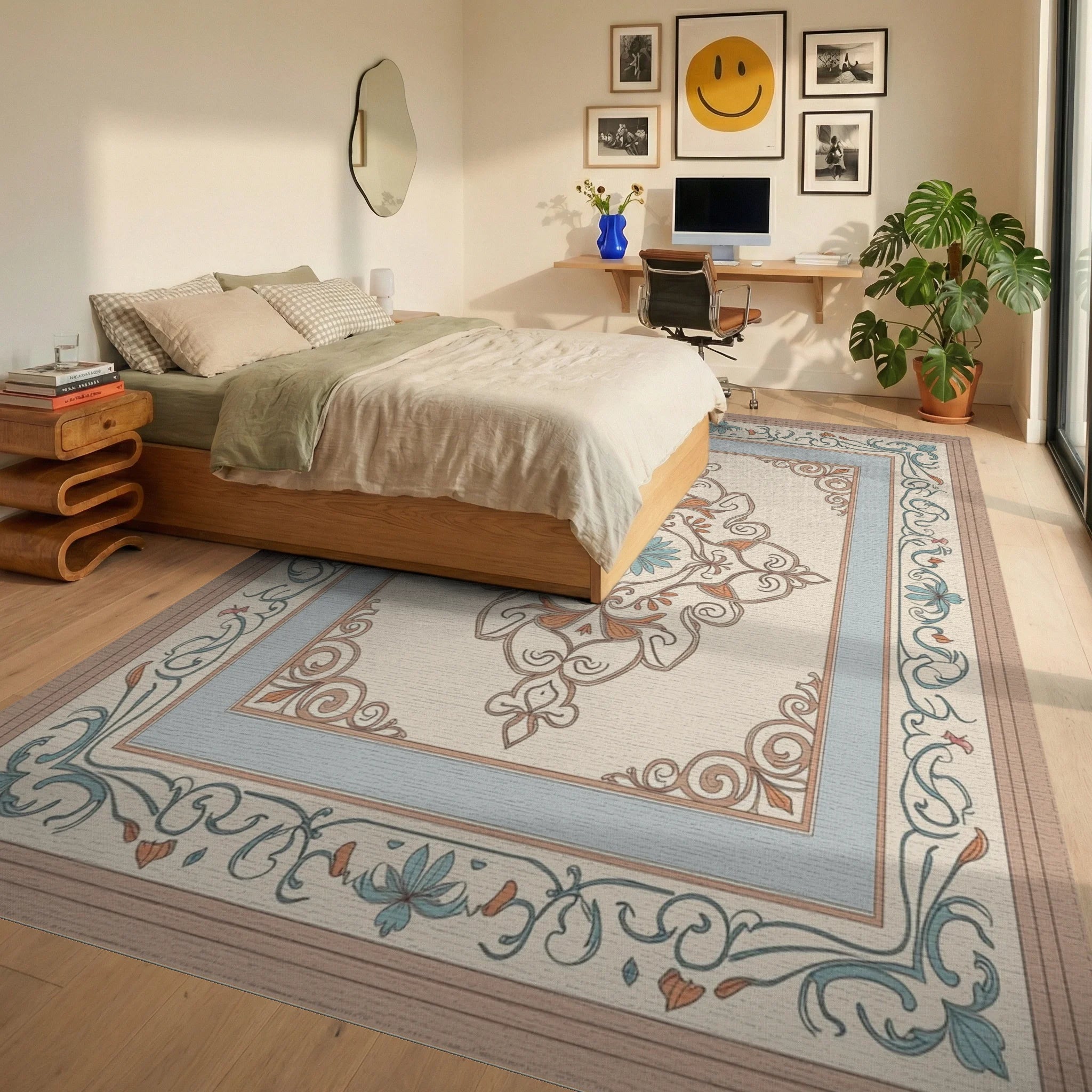 Elegant Sage and Peach Floral Medallion Rug Bedroom View