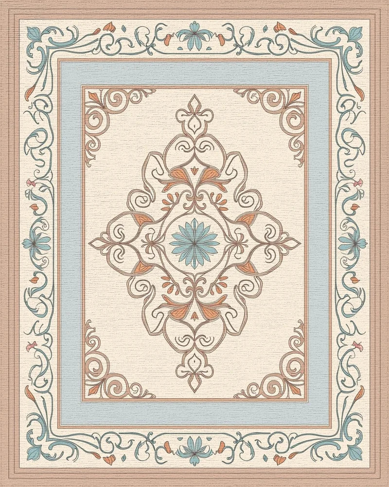 Elegant Sage and Peach Floral Medallion Rug - Cutout View