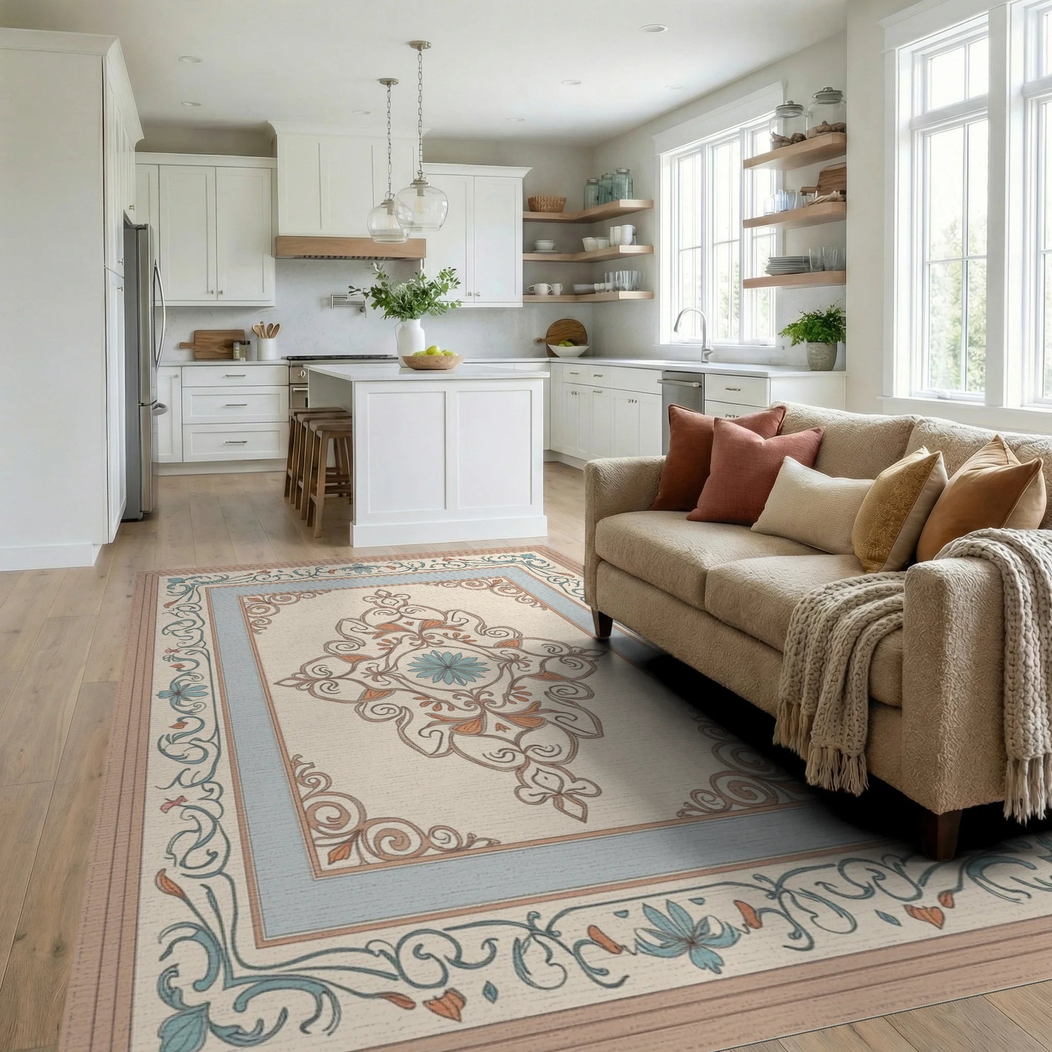 Elegant Sage and Peach Floral Medallion Rug Living Room View